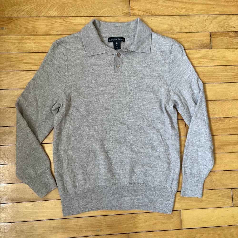Christian Lacroix Mens Grey Extra Fine Merino Wool Long Sleeve Polo Sweater L